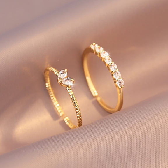 New 2pcs Trendy Gold Color Heart Zircon Rings Set For Women Luxury Fashion Elegant Twist Rings