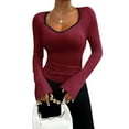 thumbnail image 2 of Deago Women's Long Sleeve Sweetheart Neck Shirts Casual Slim Fit Rib Knit Tops Fall Basic Tee Outfits Clothes (Red, XL), 2 of 9