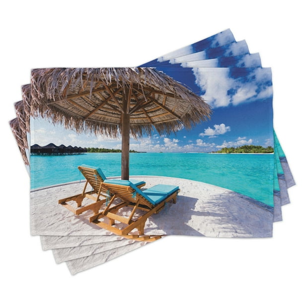 Beach Placemats Set of 4 Maldives Scenic Seaside View Sunbeds Under