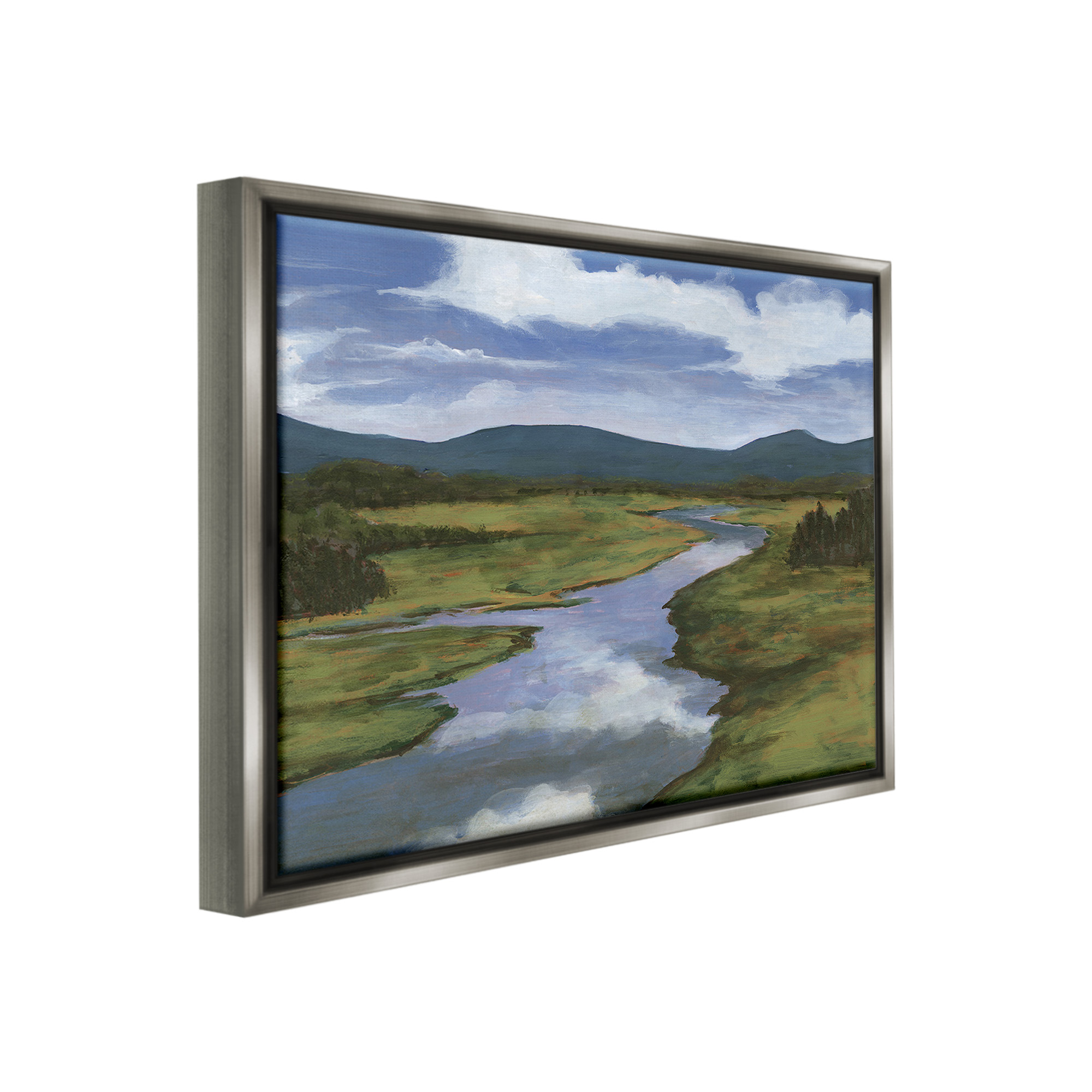 Stupell Industries River with Cloud Reflection Landscape Painting Gray Floater Framed Canvas Art Print Wall Art, 21 x 17