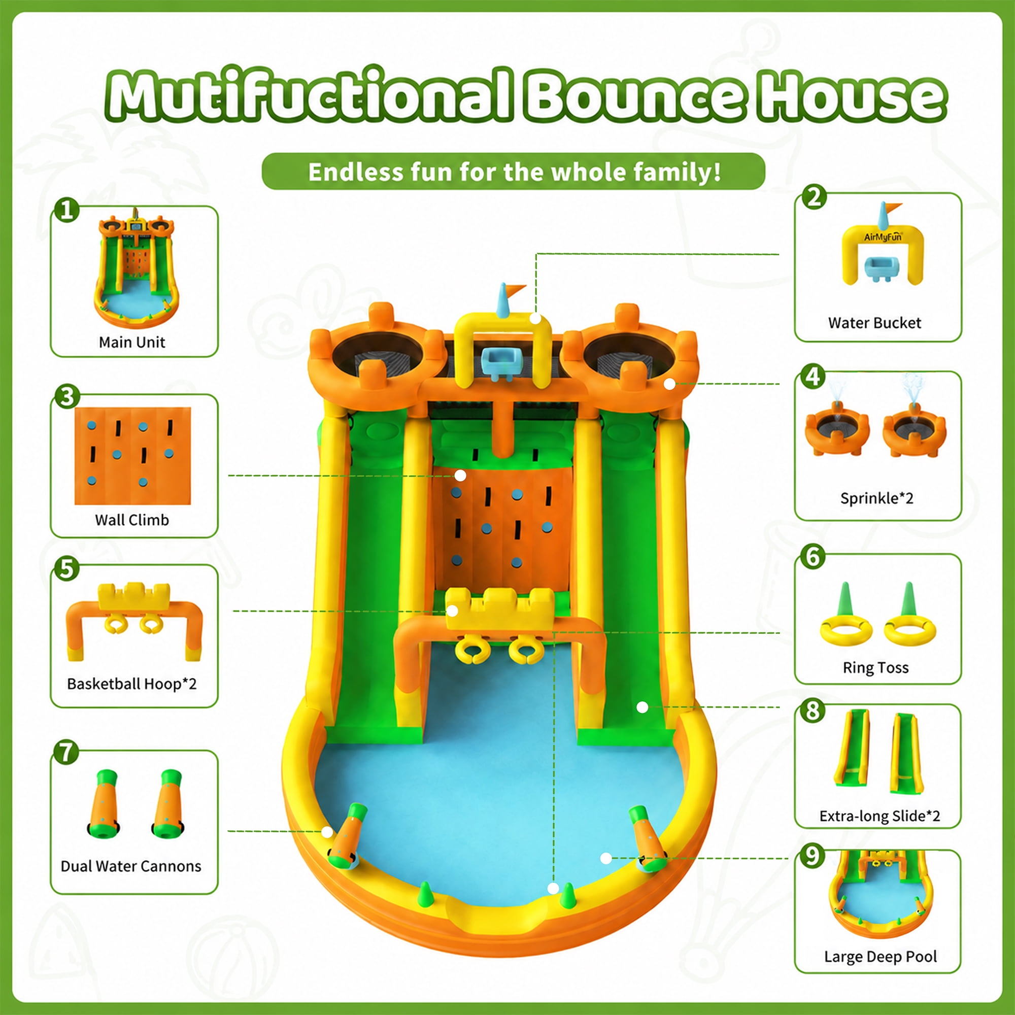 INFLATEFLY Inflatable Water Park 10 in 1 Multifunctional with Double Slides, Climbing Wall, 2 Basketball Hoops, Dual Water Cannons