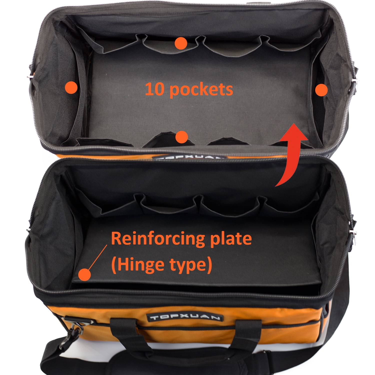 TOPXUAN Tool Bag 16 Inch Molded Plastic Base Heavy Duty Waterproof Orange Tool Organizer Wide Mouth With Shoulder Strap for Power Tools and Hand Tools Oxford Cloth Fabric (16 Pockets)