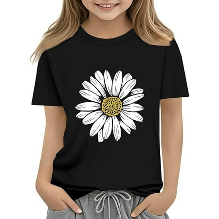 LRen Girls Shirts Cotton Short Sleeve Shirts for Girls T-Shirts Summer Graphic Tees Oversized Back To School Clothes Tops Tees Black 10-11 Years