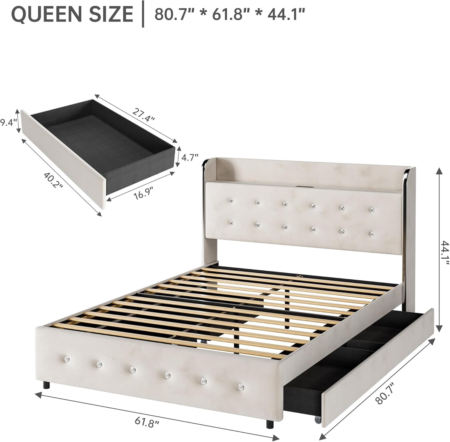 Queen Size Bed Frame, Upholstered Bed Frame with 4 Storage Drawers, Platform Bed Frame with Diamond Tufted Headboard, Wood Slat Support, No Springs Required, Easy to Assemble, White