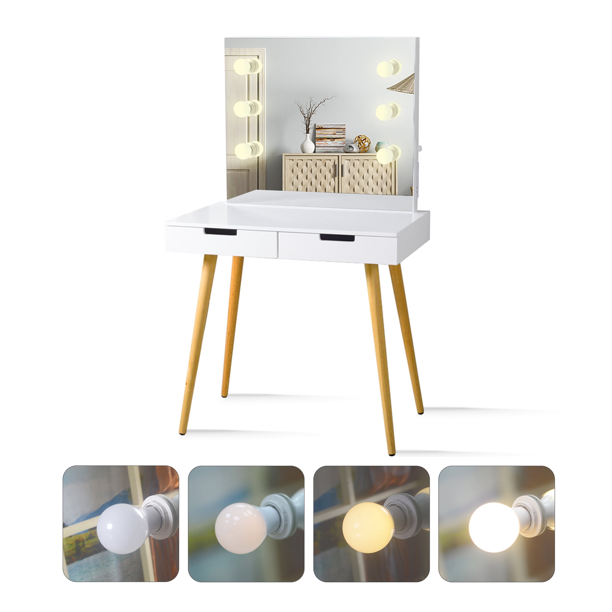 Spaco Vanity Table with Large Lighted Mirror, Wooden Vanity Table Makeup Dressing Desk, 2 Drawer, White