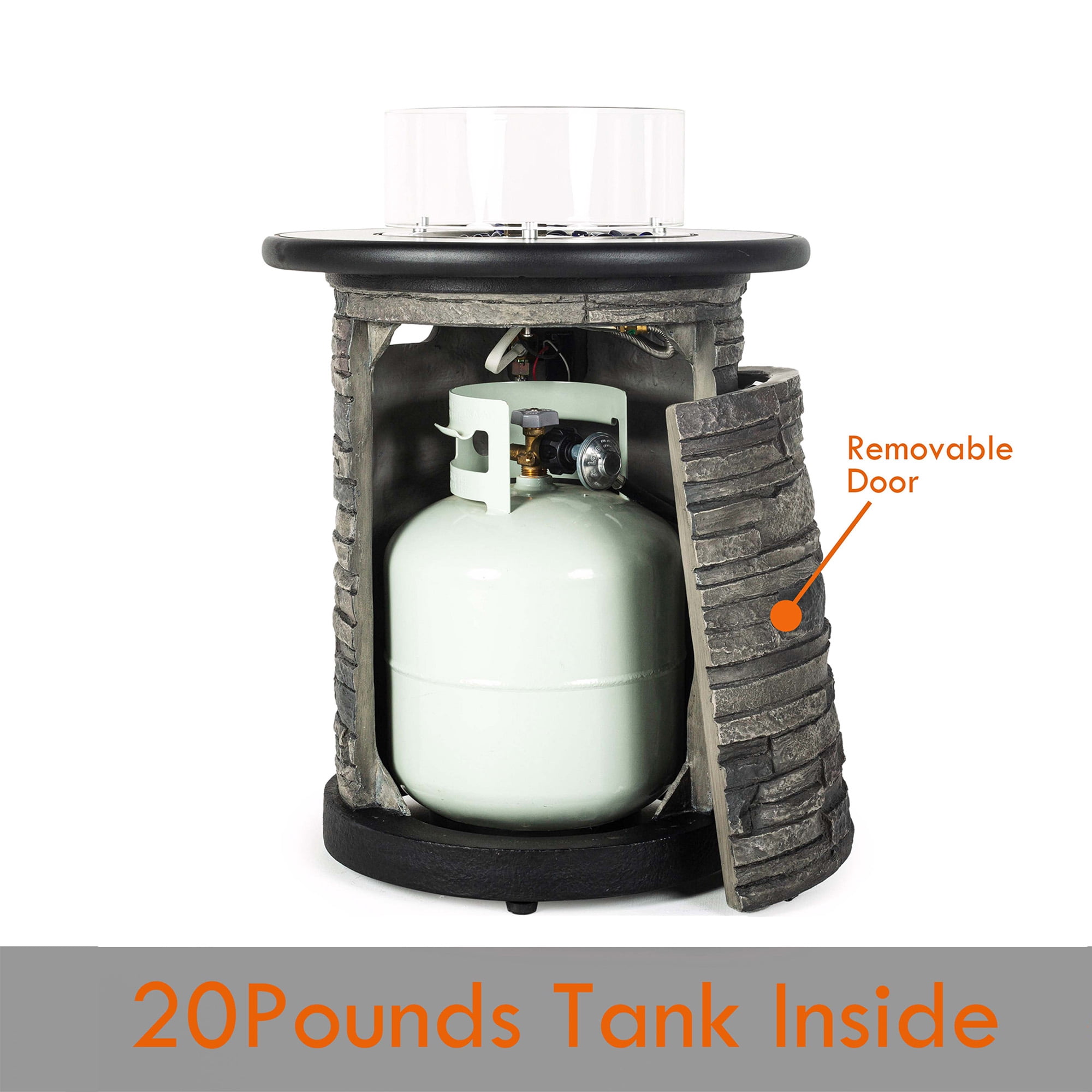 BAIDE HOME 22" Column Outdoor Propane Fire Pit, 40,000 BTU Round Gas Fire Bowl with Porcelain Tile Top, Wind Glass Shield, Glass Rocks, Cover
