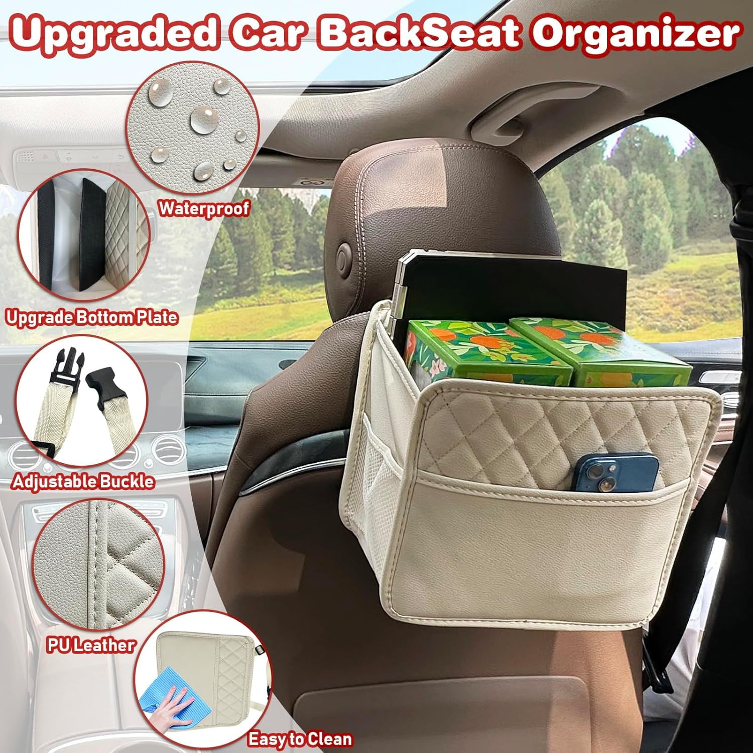 Witaxima Beige Car Trash Bag Hanging, 2.14 Gal Car Trash Can with Storage Pockets, PU Leather Backseat Organizer for Cars, SUVs, Trucks