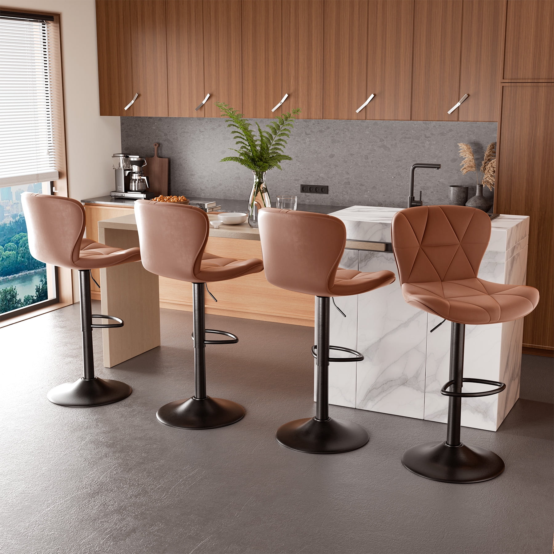 Hawsaiy Modern Bar Stools Set of 4, Adjustable Faux Leather Upholstered Swivel Bar Stools, Counter Height Bar Chairs with Back for Kitchen Island, Brown