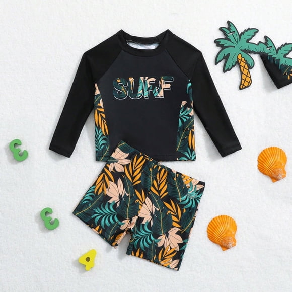 WILLBEST Trajes de Baño Para Niños Pequeños, Niños y Niñas, Trajes de Baño de Dibujos Animados, Camisetas de Manga Larga, Pantalones Cortos A Rayas, Traje de Baño de Playa, Conjunto de 2 Piezas