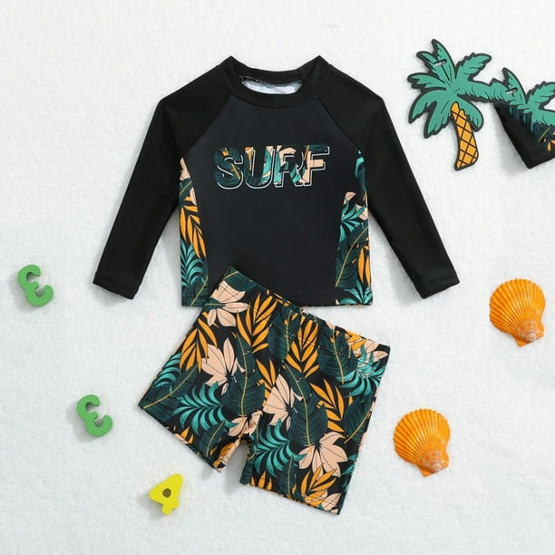 WILLBEST Trajes de Baño Para Niños Pequeños, Niños y Niñas, Trajes de Baño de Dibujos Animados, Camisetas de Manga Larga, Pantalones Cortos A Rayas, Traje de Baño de Playa, Conjunto de 2 Piezas