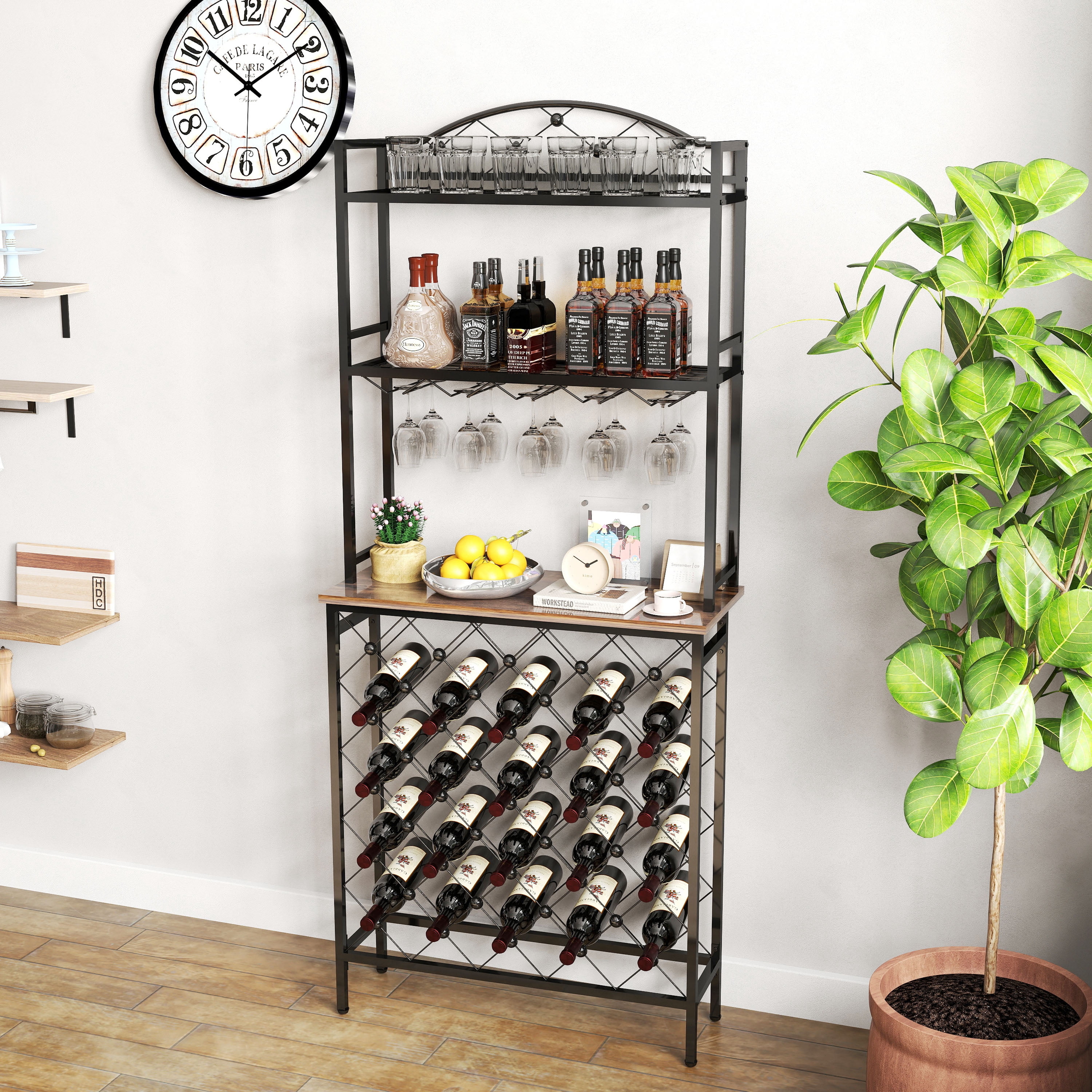 Wine Rack Bar Table, 3-Tier Liquor Bottle and Glass Holder