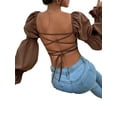 thumbnail image 6 of hirigin Women's Solid Color Crop Tops, Elegant Long Puff Sleeve Strappy Backless Tight T-Shirts, 6 of 7
