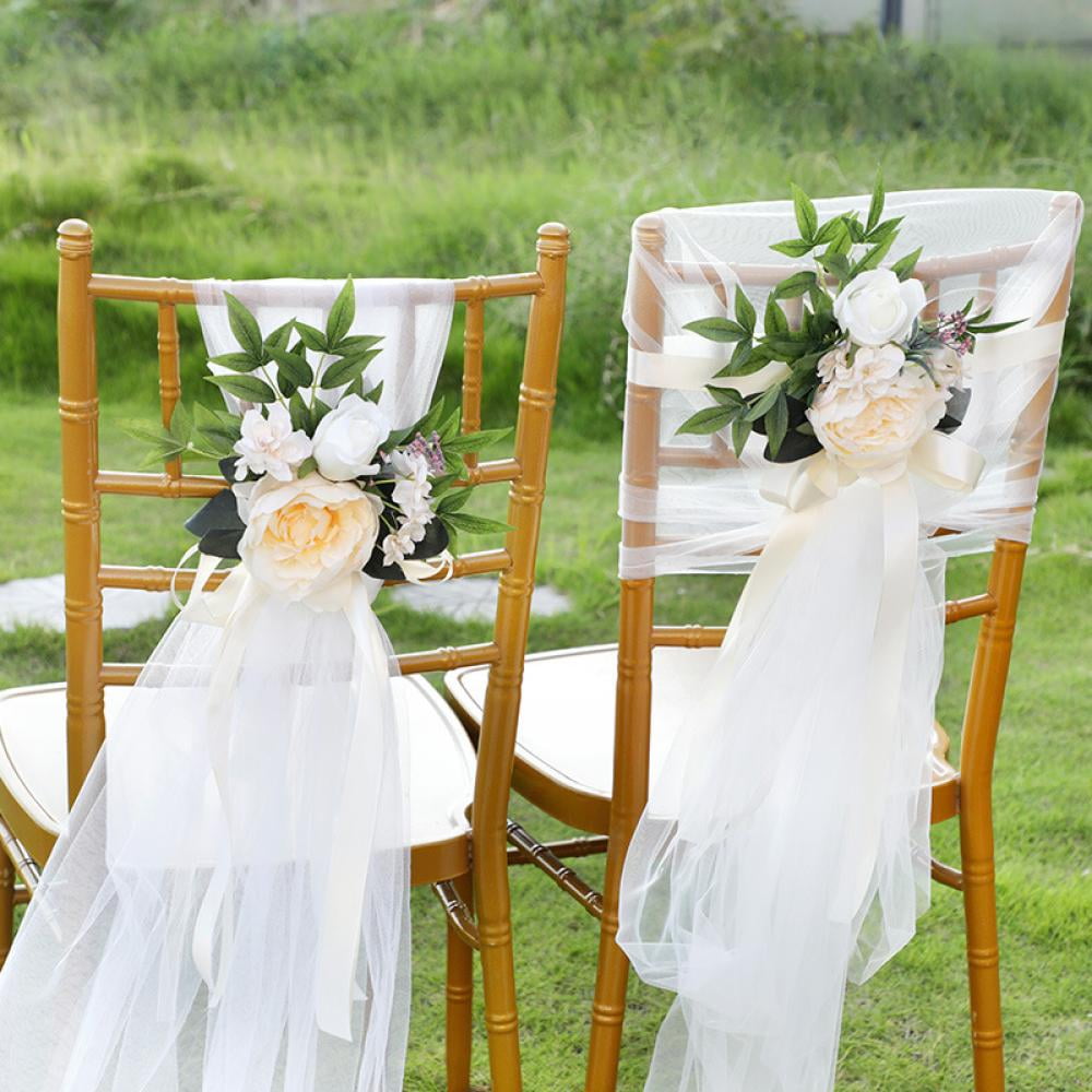 SET OF 8 Wedding decorations White Chair Bows Pew Bows Satin Church Aisle Decor. 