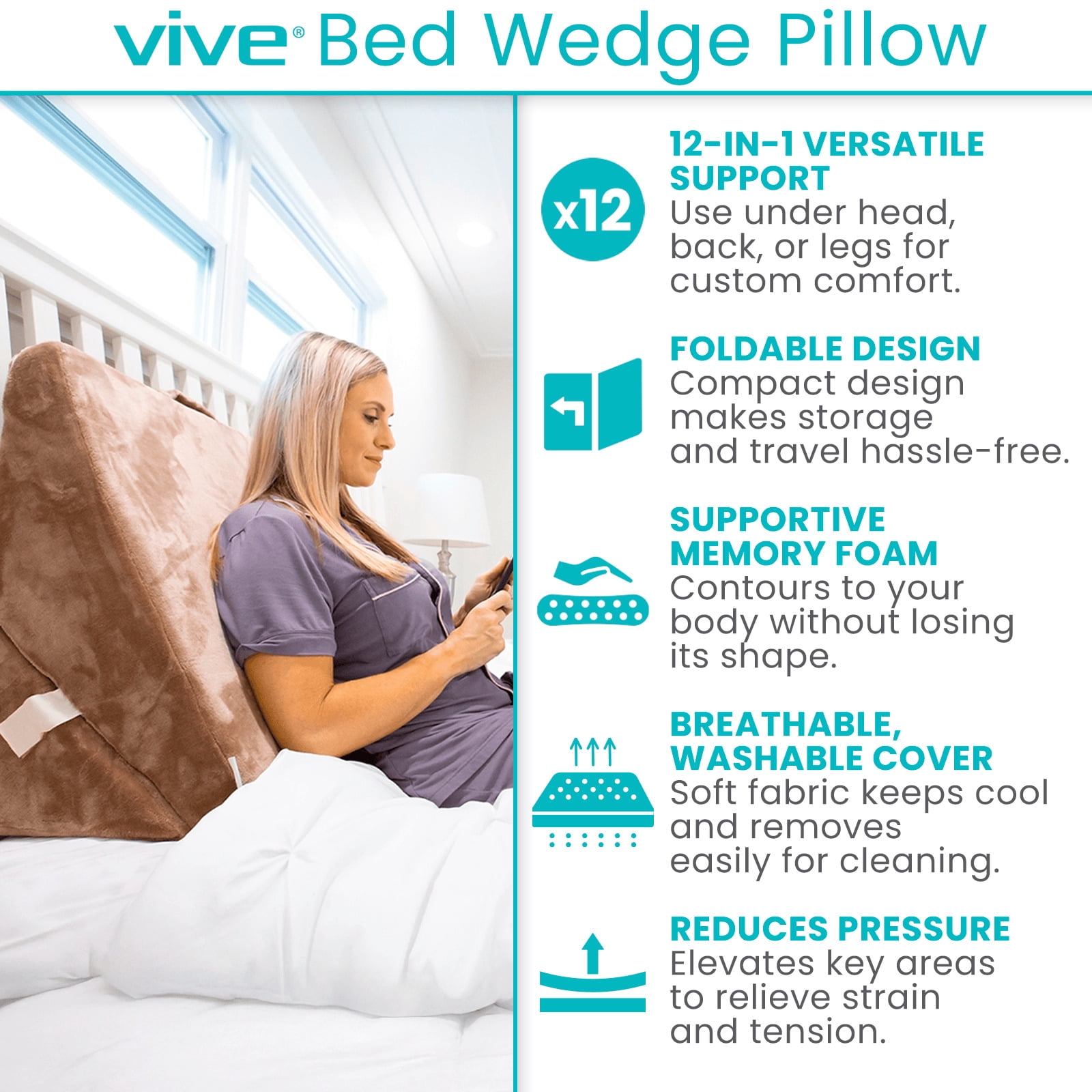 Xtra-Comfort Bed Wedge Pillow – Folding Memory Foam Incline Cushion for Back, Legs & Neck Support – Adjustable Triangle Pillow for Sleeping, Reading & Elevation – Washable Cover, Brown