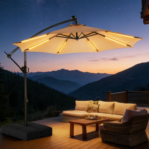 Patbrela 10ft Offset Patio Umbrella with Base, Cantilever Hanging Outdoor Umbrella with Solar Light Strips, Tilt Adjustment, Market Umbrella for Yard, Garden, Beach, Pool & Deck, Beige
