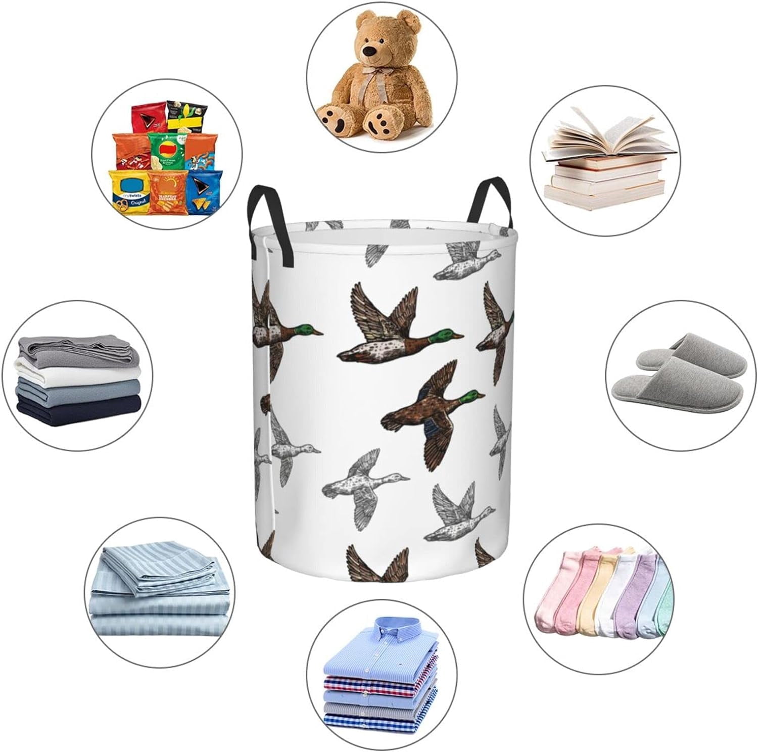 Duck Mallard Wild Bird Round Laundry Basket Dirty Clothes Hamper Waterproof Laundry Hamper Toy Cloth Storage Basket For Room Decor