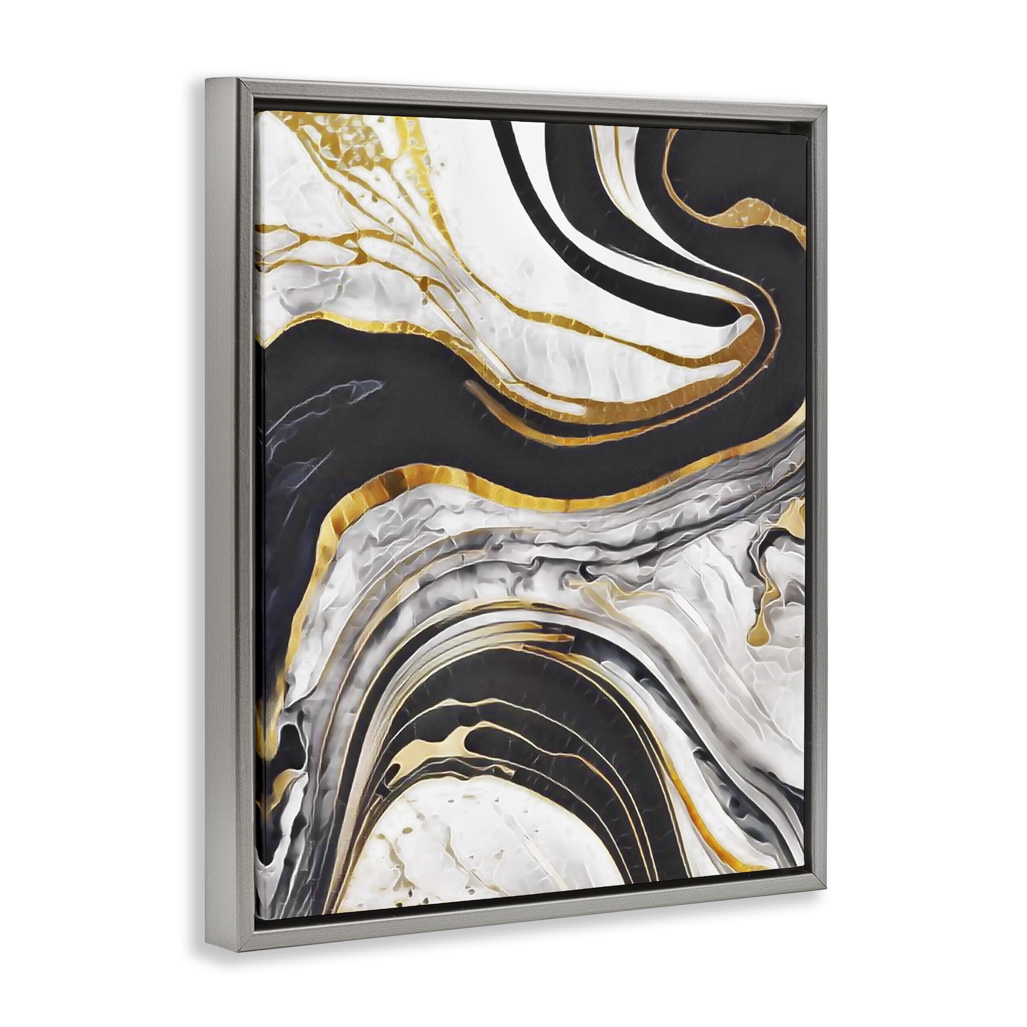 Stupell Industries Marbled Fluid Gold Accent Abstract Painting Gray Floater Framed Canvas Art Print Wall Art, 25 x 31
