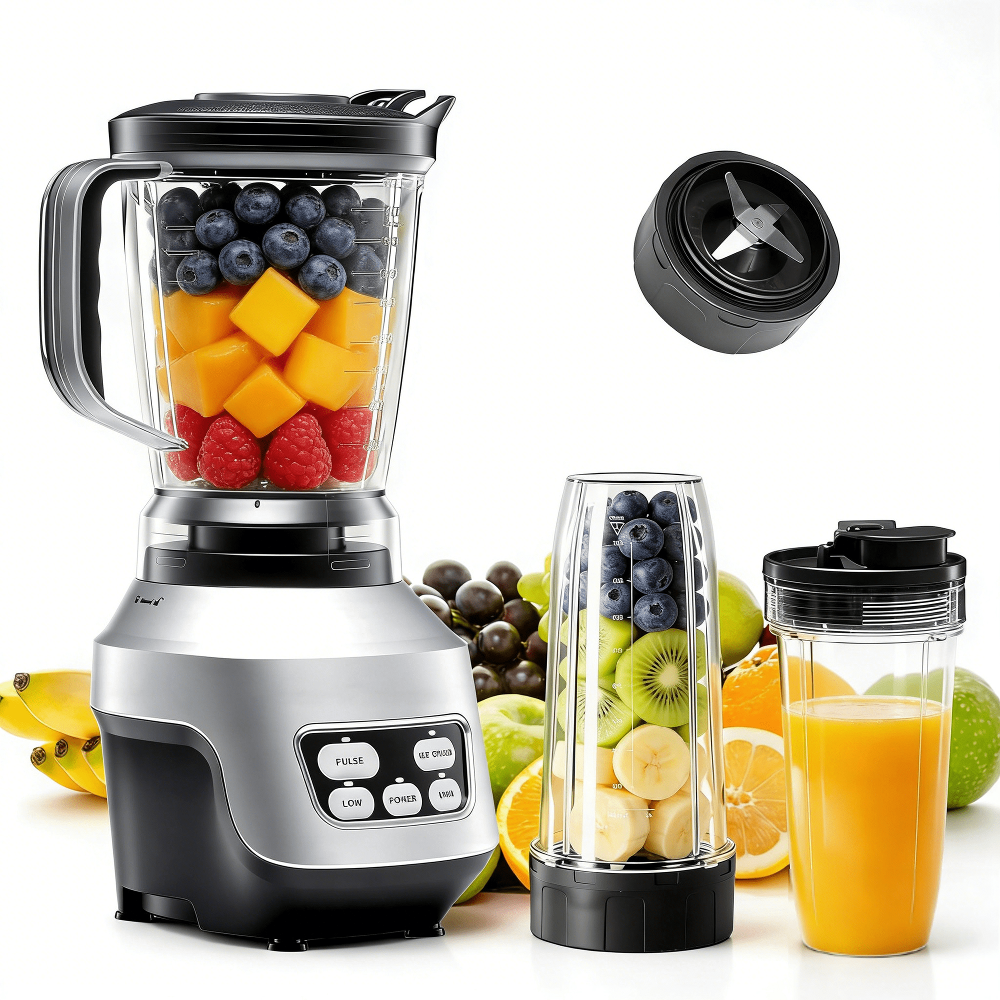 Countertop Blender, 1400W High-Power Smoothies Blender, 60oz Large Capacity with 4 Blending Modes, Includes Portable Cups for Juice & Sauces, BPA-Free, Silver