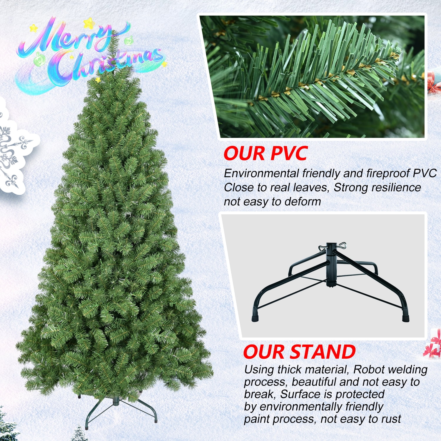 Euroco 9ft Christmas Tree with Memory Wire, 1910 Tips Hinged Artificial PVC Tree, Easy Setup Green Xmas Tree for Indoor Holiday Decoration