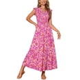 thumbnail image 4 of INSPIRAR CHIC Vestidos de Verano para Mujeres Casual con Mangas Cortas en V Cuello Fruncido Floral con Volantes en Capas Fluidos Vestido Maxi de Playa L Rosa Fucsia, 4 of 5