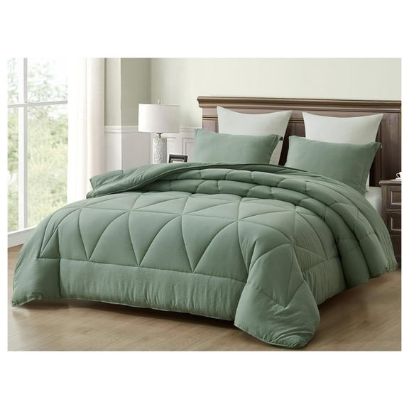 Rory Sage Green Comforter Set Queen Size 3-Piece Fluffy Soft Lightweight Bedding Triangle Quilted Stone-Washed Microfiber Comforter Set for All Season Sage Green, Triangle Geometric
