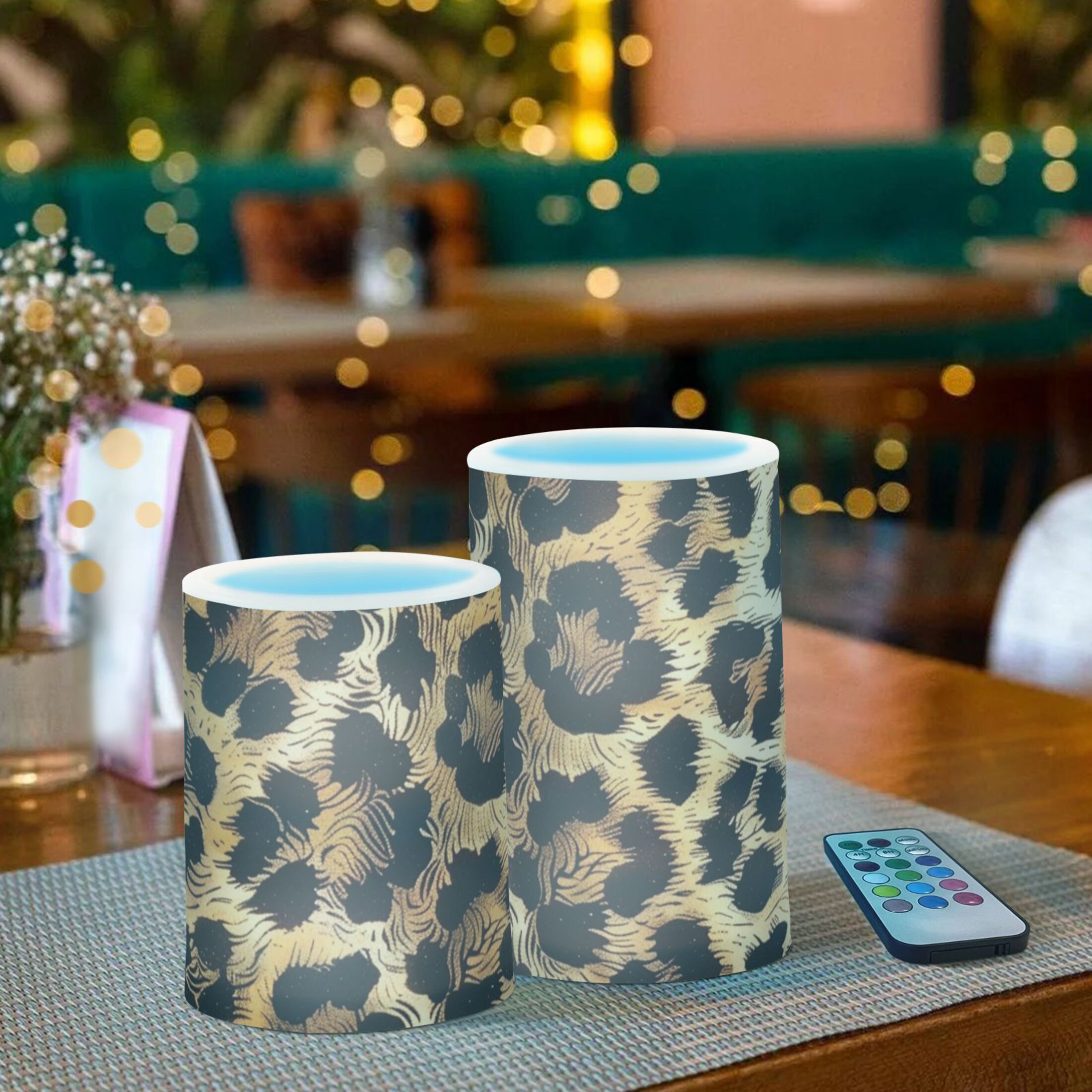 Leopard Fur Print Flickering Flameless Candles LED Tealight Battery Operated with Remote Set of 2 Holiday Decor Ornaments