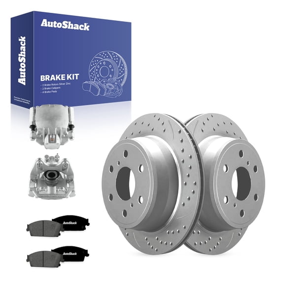 AutoShack Rear Vented Drilled & Slotted Silver Zinc Coated Brake Rotors   Ceramic Pads   Calipers 8-PC Brake Kit Replacement for 2007-2013 Chevrolet Silverado 1500 SilverShield Pro 13.57" (344.7 mm)