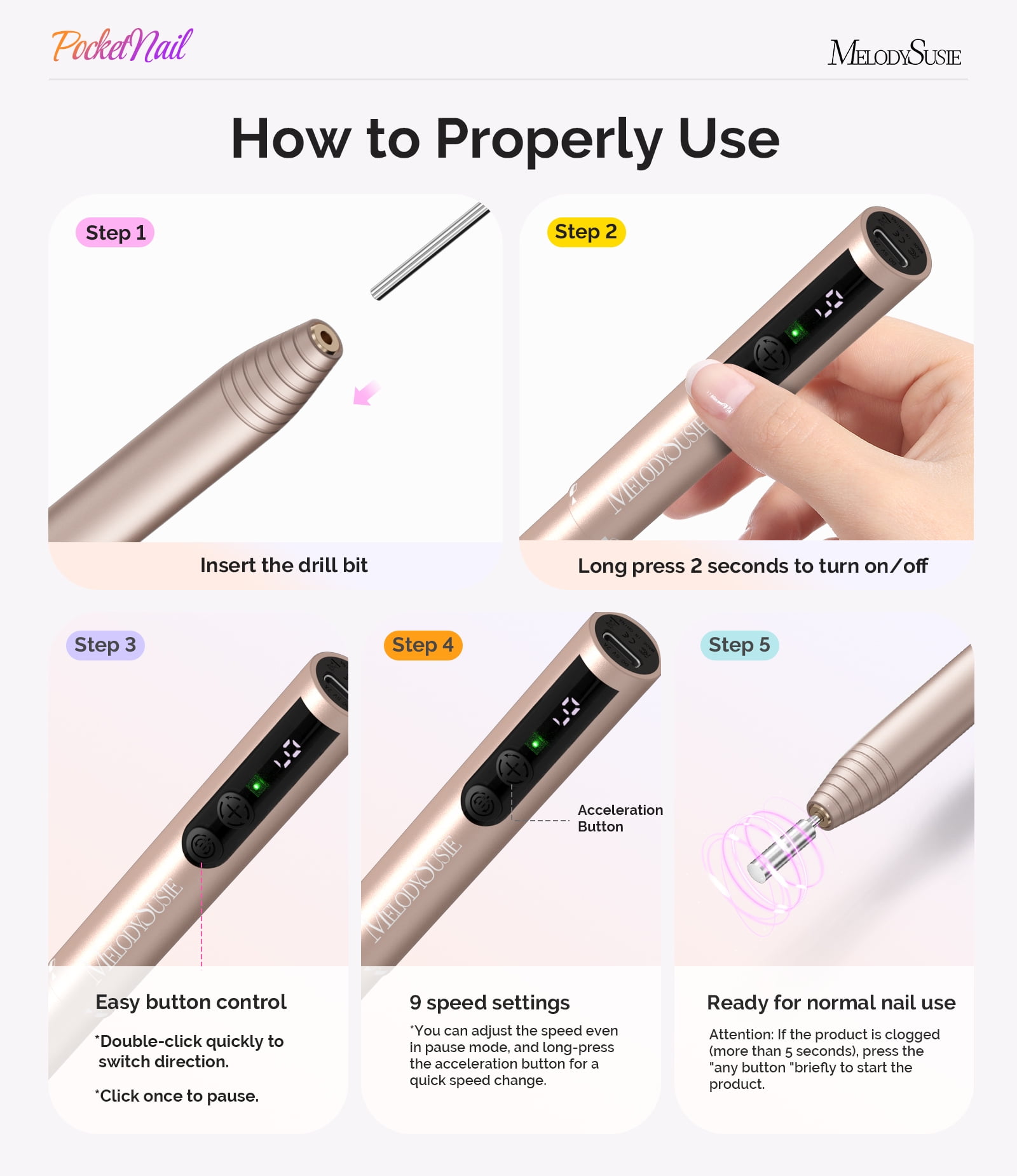MelodySusie Portable Rechargeable Nail Drill, 20000 RPM PC100GR Pocket Nail File kit with Drill Bits & Sanding Bands, Gold