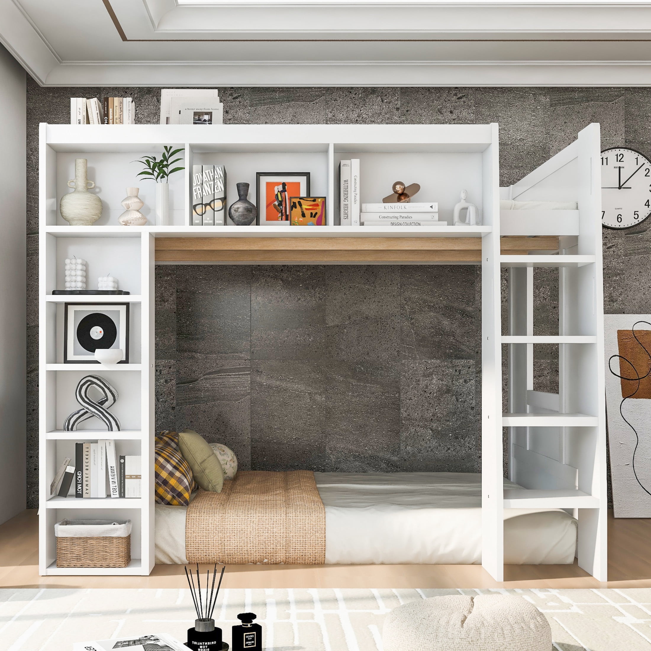 Noble House Corlan Queen Size Wooden Loft Bed with Storage Cabinets and Bookshelves, Heavy Duty, White