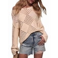 thumbnail image 3 of Women'S Crochet Off the Shoulder Hollow Out Knit Tops V Neck Long Sleeve Sweater Top Apricot S, 3 of 10