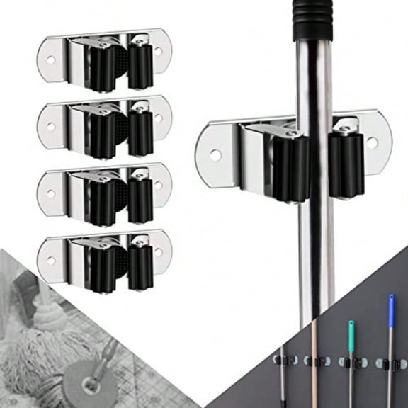 Broom Holder Wall Mount 4 Pack Mop Holder Stainless Steel Mop and Broom Holder Heavy Duty Broom Hanger Wall Mount for Kitchen Garden Garage etc.