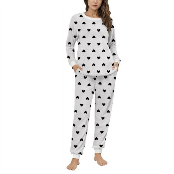 Byworldtasic Heart Print Pajamas for Women Winter 2 Piece Flannel Lounge Sets with Pockets Soft Fleece Warm Pajama Set Fuzzy Pjs