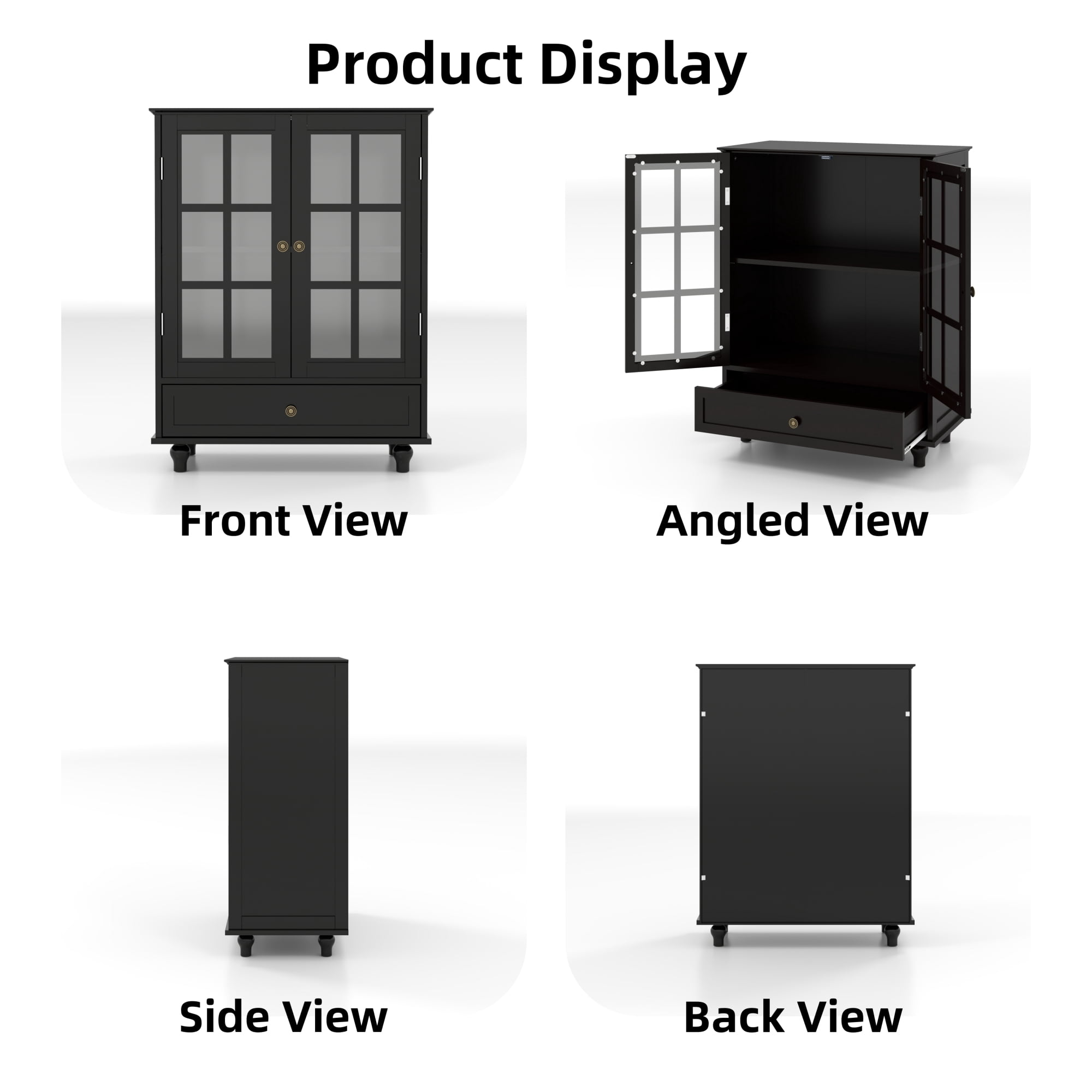 Leumius Minimalist Black Buffet Cabinet with Double Glass Doors and Drawer, Modern Wooden Storage Sideboard Cupboard for Living room Dining Room Hallway Entryway