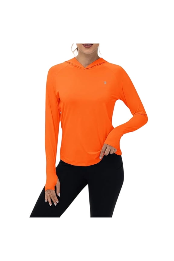Womens UPF 50+ Sun Protection Hoodie Shirt Long Sleeve Rash Guard Fishing Hiking Outdoor Lightweight UV Shirt Orange L