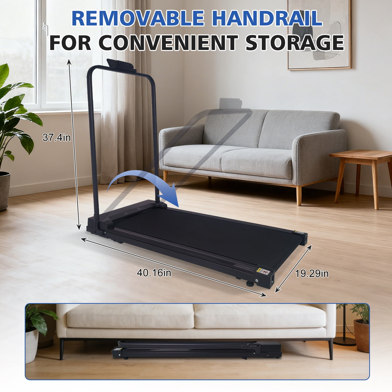 Foldable Under Desk Treadmill with 2-Level Incline, Portable Walking Pad for Home Office, Compact Indoor Fitness Treadmill with Display and Wheels, Black