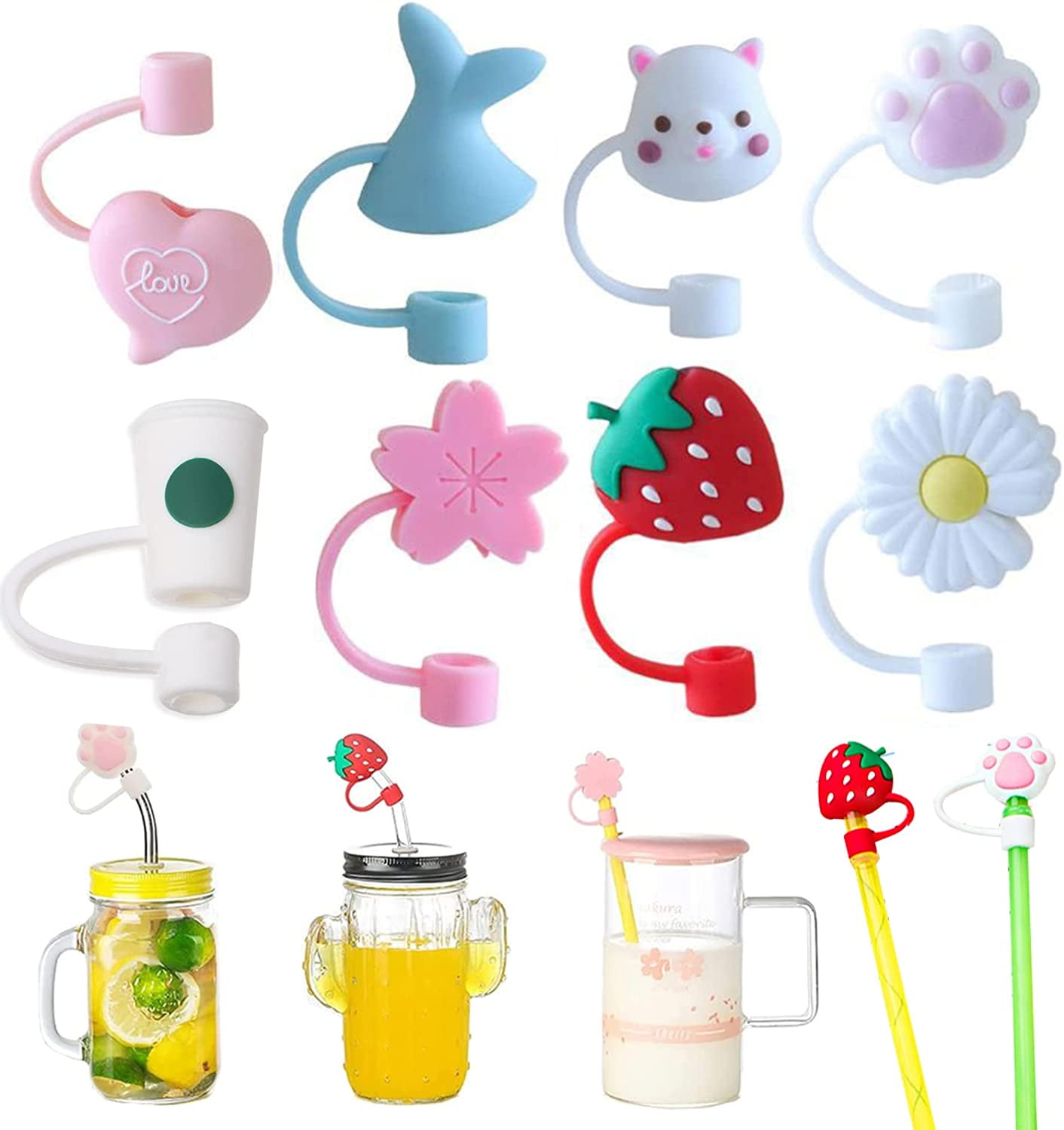 8 PCS Silicone Straw Cover Stanley Straw Tips Cover Strawberry Flower ...