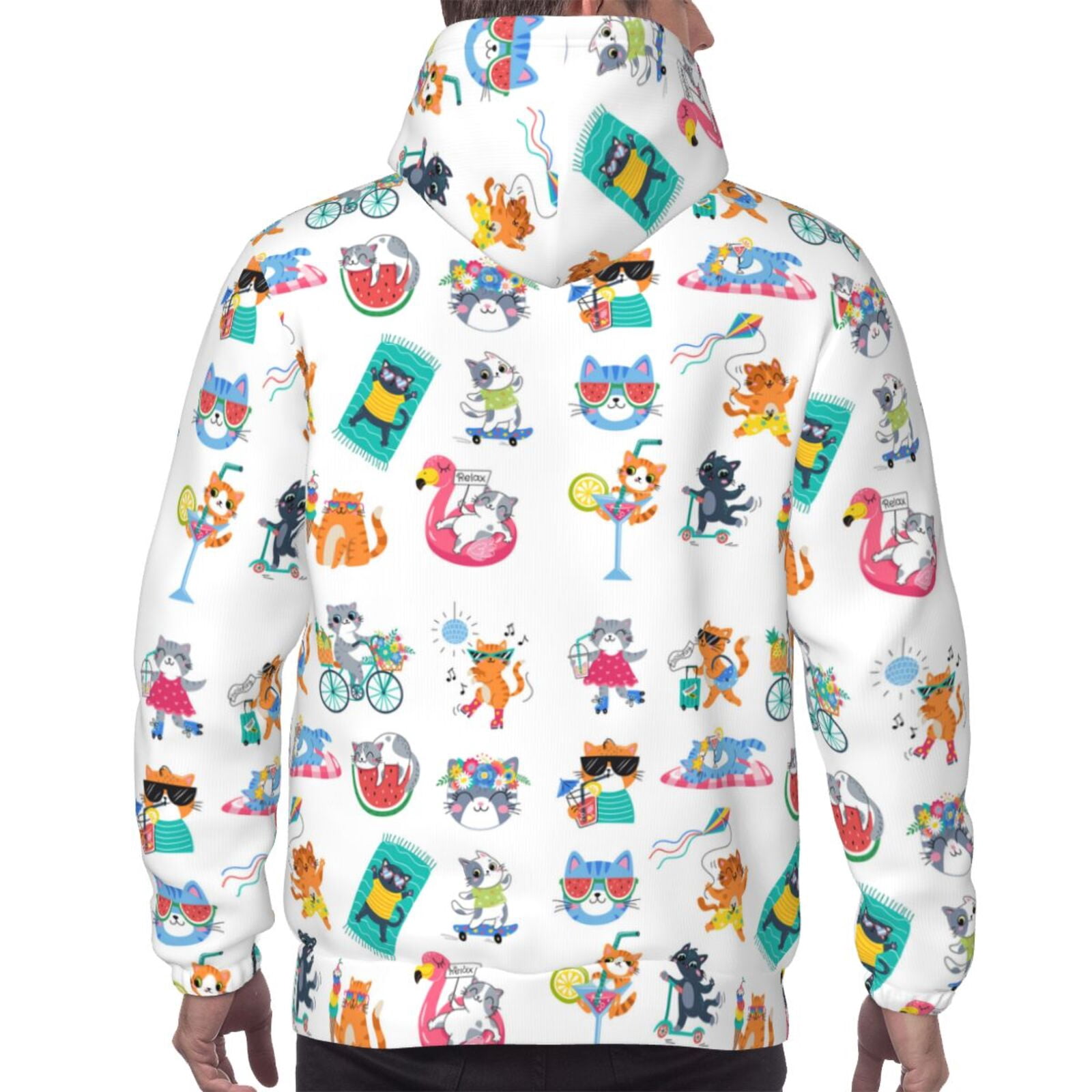Picia Hello Summer Cat Pattern Casual Men's Hoodie - Lightweight Hooded Sweatshirt with Kangaroo Pocket, Comfortable Pullover for Everyday, Travel-3X-Large