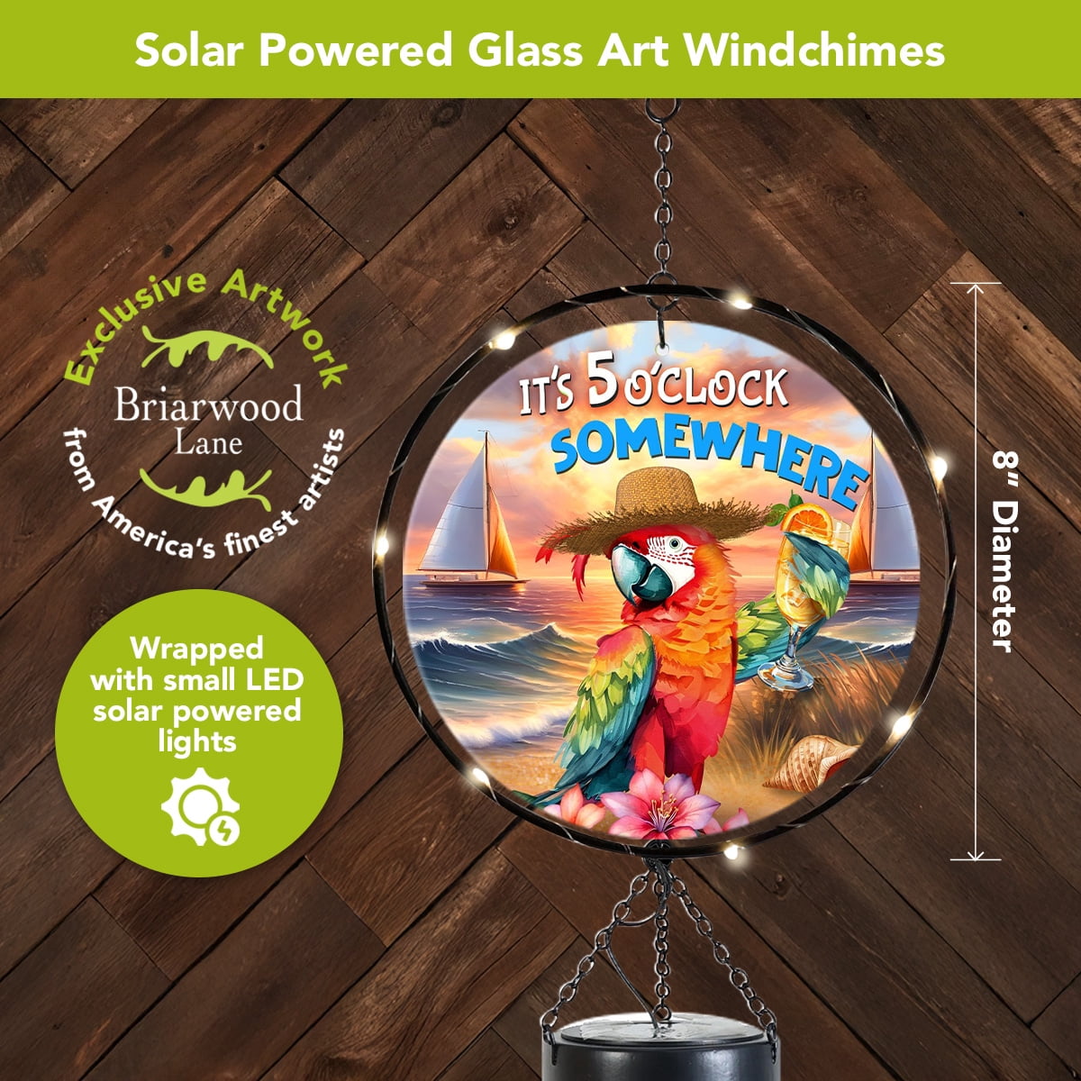 Briarwood Lane Summer LED Illuminated Solar Powered Glass Suncatcher  Wind Chime 37x8 Sunset Parrot For Summer Wind Chime For Outdoors Melodic Metal Windchimes Wind-Chimes