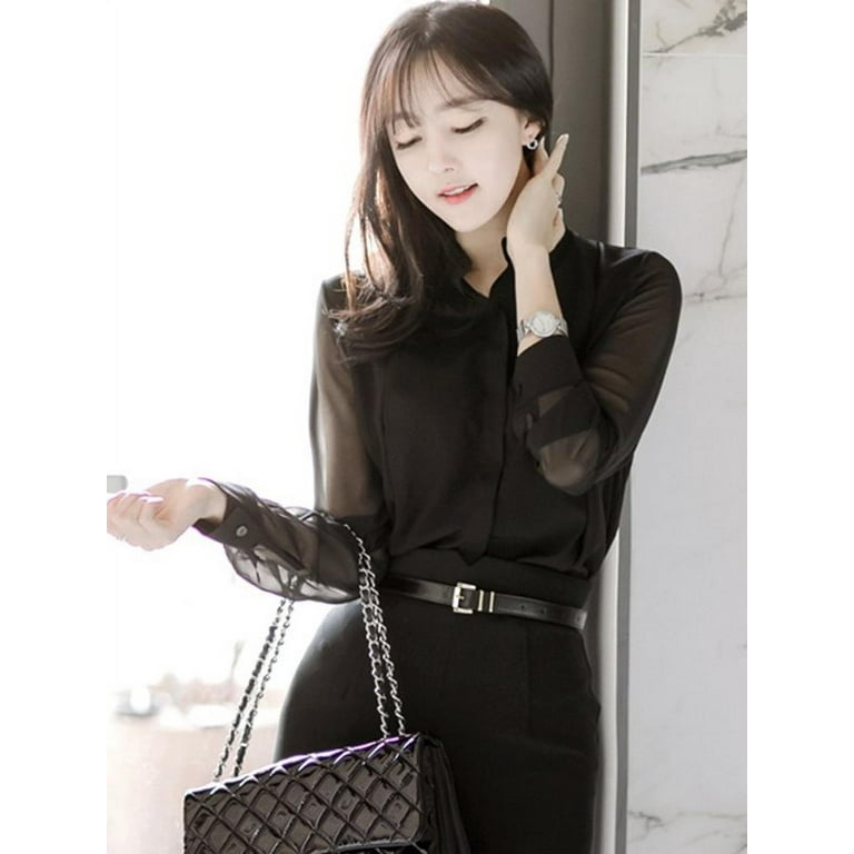 Women's Long Sleeve Loose Semi Sheer Chiffon Tops Blouses T
