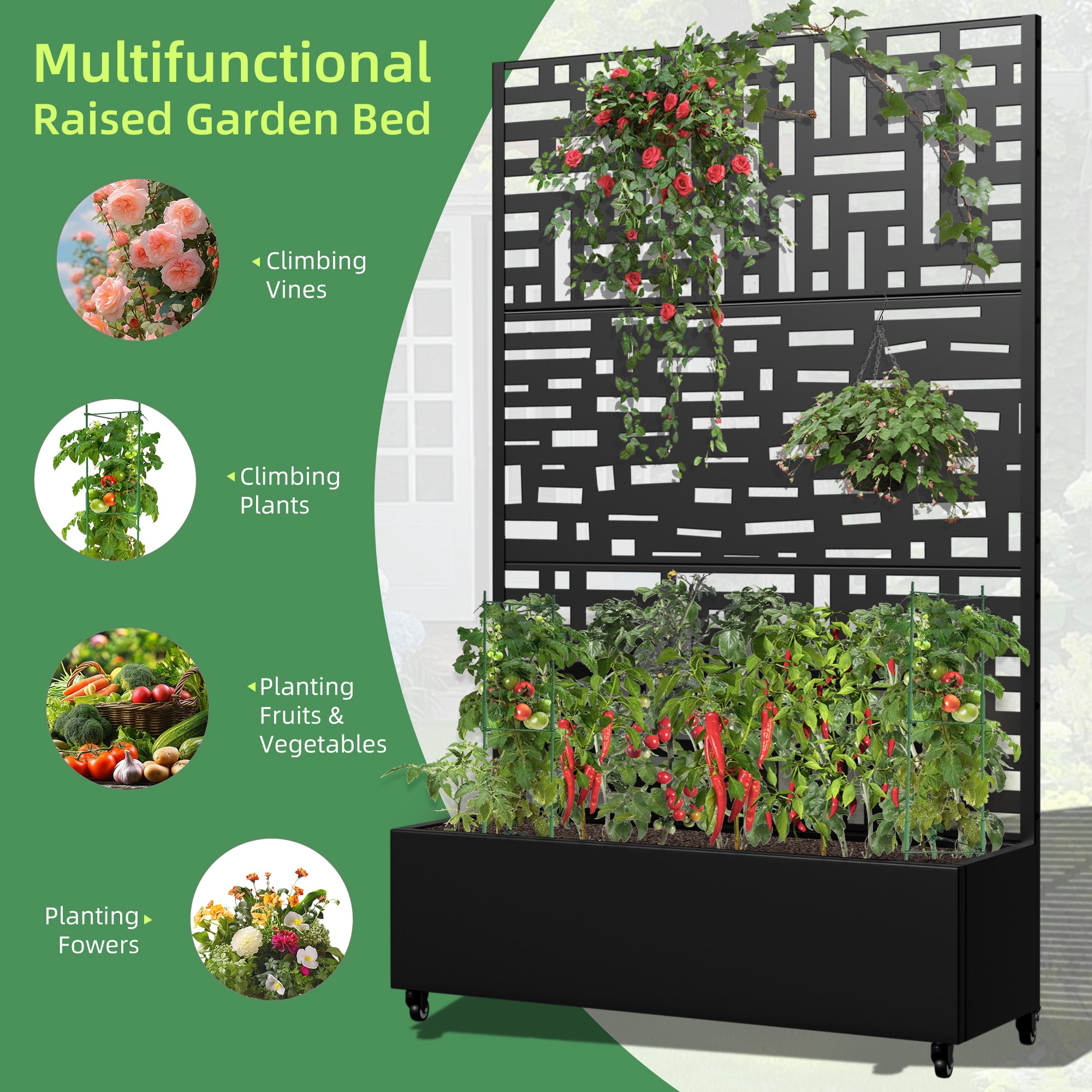 MAYEERTY 47*16*72" Outdoor Black Metal Planter Box with Trellis for Climbing Plants, Street Pattern Panel