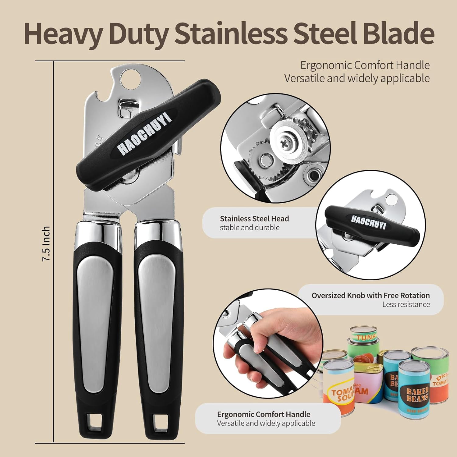 Heavy Duty Stainless Steel Smooth Edge Manual Can Opener and Bottle Openers, Soft Ergonomic Handle, Oversized Handheld Easy Turn Knob, Multifunctional Kitchen Tool, Black