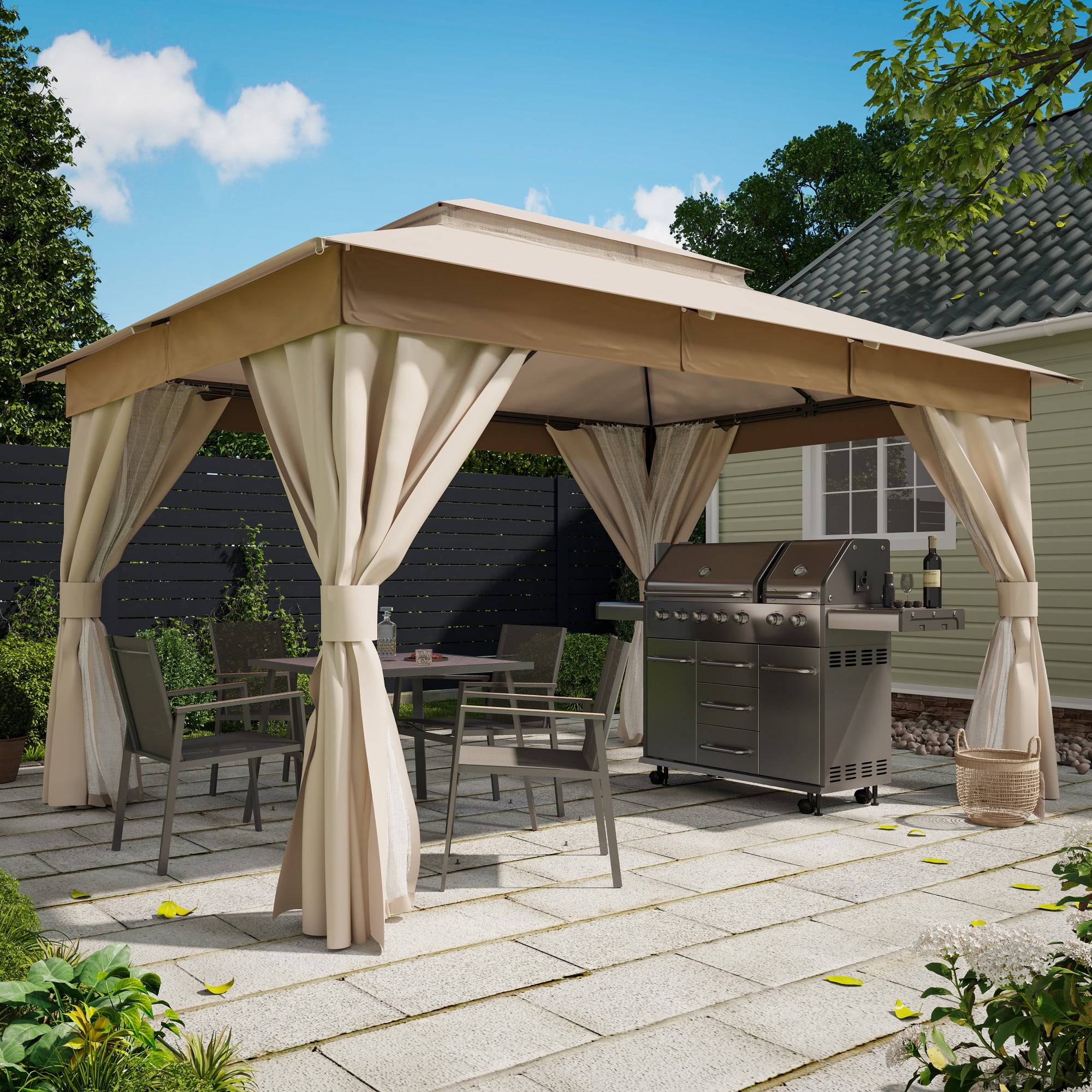 Slepen schuur stoel LAUSAINT HOME Patio Gazebo 10'x13' with Expansion Bolts, Double Roofs  Outdoor Shelter Tent with Nettings and Privacy Screens (Khaki) - Walmart.com