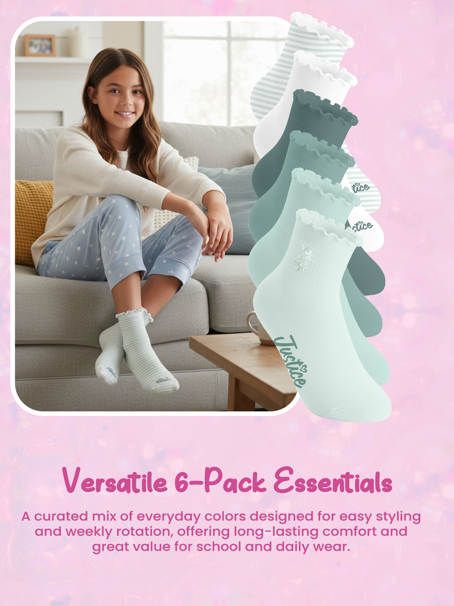 Justice Boyfriend Rib Ankle Socks for Girls with Lettuce Edge Anklet, 6 pk Green
