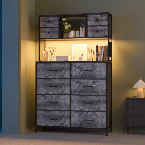 Towallmark 12 Drawers Dressers for Bedroom,56.9"H Tall Fabric Dresser with LED Lights and Charging Station,Chests of Drawers with Open Shelves,Wood Grain Black