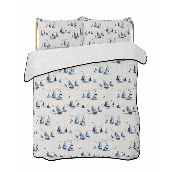 Quilts Twin Size Bedding Set, Blue Coastal Nautical Lightweight Quilted Comforter, Summer Watercolor Modern Ocean Sea Soft Reversible Bedspread Coverlet with Pillow Covers for All Season, 68" x 86"