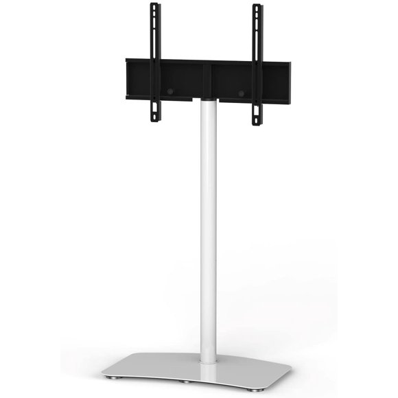SONOROUS Meuble Télé PL2800 Blanc pour Télé jusqu'à 65 Pouces - Support de Plancher Support Télé pour Écran LCD, LED et Plat – Meuble Télé Fixe avec Base en Verre Trempé, Pivotement à 45 Degrés et Gestion des Câbles - Blanc