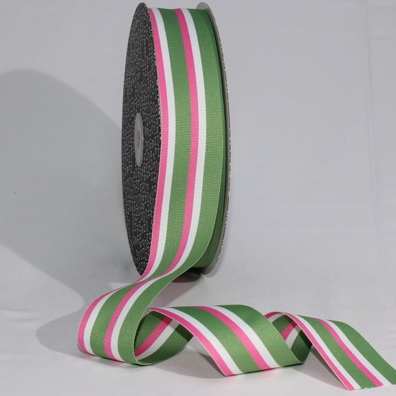 The Ribbon People White and Green Striped Woven Grosgrain Craft Ribbon 1.5" x 55 Yards