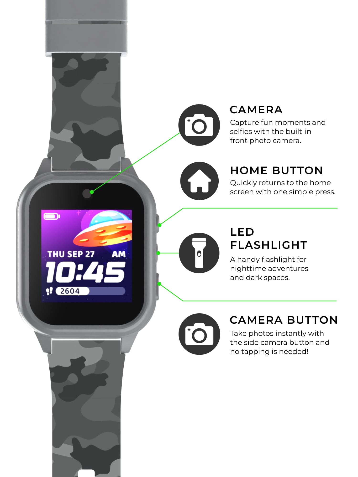 iTech Jr. 4 Kids Boys' Smartwatch with Camera, Audiobooks, and Games – Gray Case with Gray-Brown Camo Strap