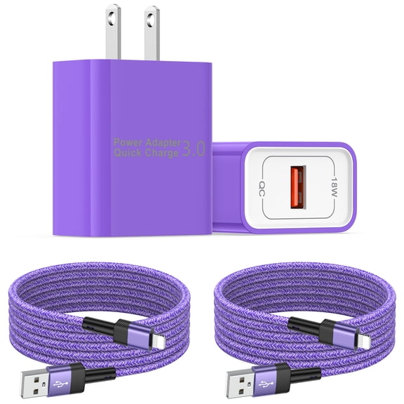 Compatible for iPhone Charger, 2Pack 6FT Light-ning Charging Cable with 18W Fast Charging Block USB Charging Brick Phone Charger, Wall Charger Block Adapter Compatible for iPhone14/13/12/11, Purple