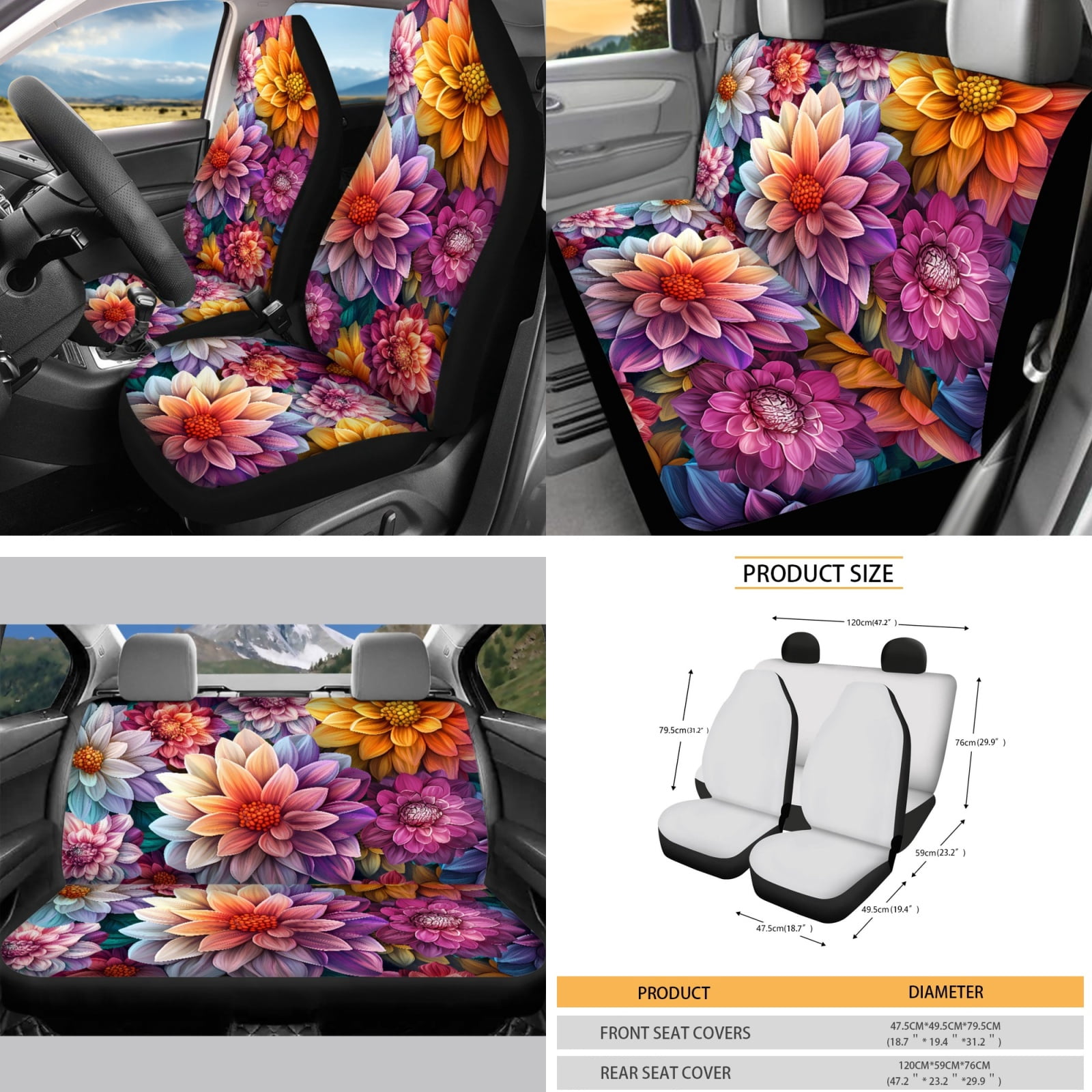 Yuyamidu Dalia Car Seat Cover Set for Women Colorful Flower Steering Wheel Cover Seat Belt Pads Handbrake Cover Set Car Window Shade Rearview Mirror Cover Cup Holder Wrist Key Chain 16 PCS